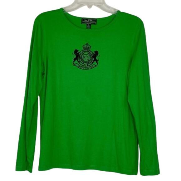 Lauren Ralph Lauren Active green blouse black embroidered crest women's size PL - Picture 1 of 11